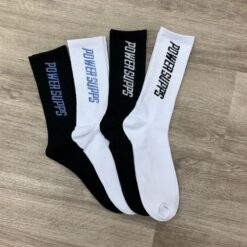 Power Supps Crew Socks White with Black Text Size 8-12