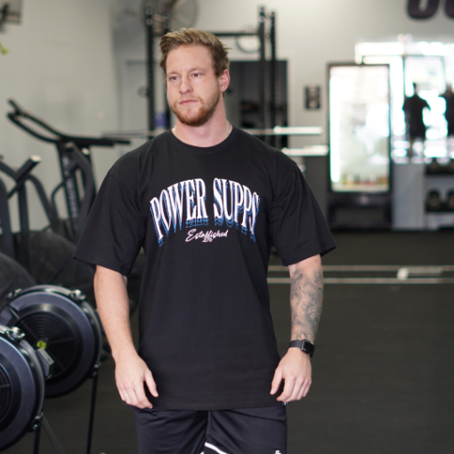 Oversized Casual T Black with White/Blue Logo 3XL+ - Open Bodybuilder
