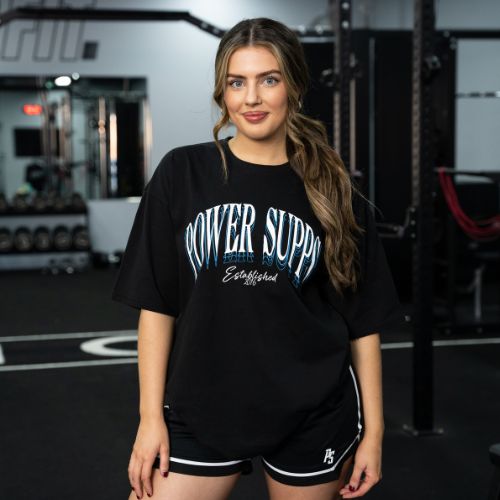 Women's Oversized Casual T Black with White/Blue Logo XL/2XL - Classic Physique
