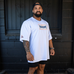 oversize legend tee white with blue logo front side