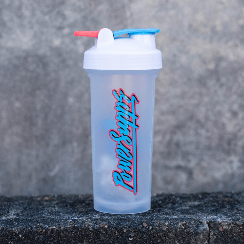Power Supps Shaker Miami on Black 600ml Blue/Pink Logo on White Shaker 600ml