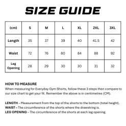 size guide everday gym shorts