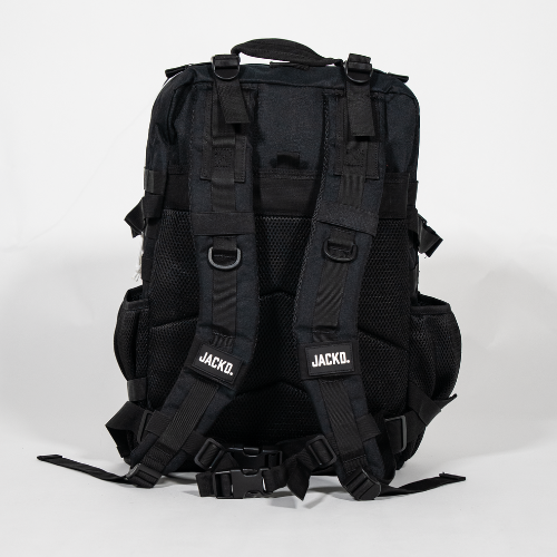 jackt backpack black white trim back