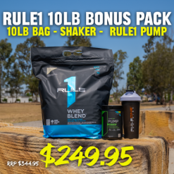 rule 1 whey 10lb bag with free rule 1 pump and towel