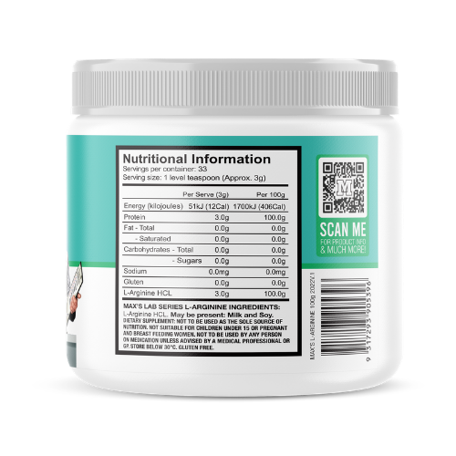 Max's Lab Series L-Arginine 100g Ingredients Max's Lab Series L-Arginine 100g Ingredients
