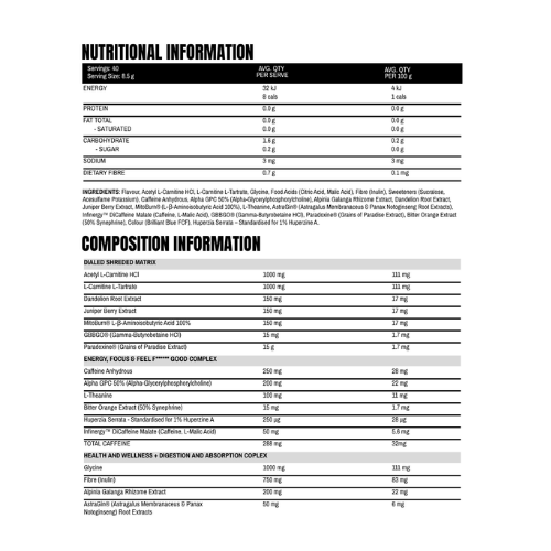 Dialed Shred Ingredients Dialed Shred Ingredients